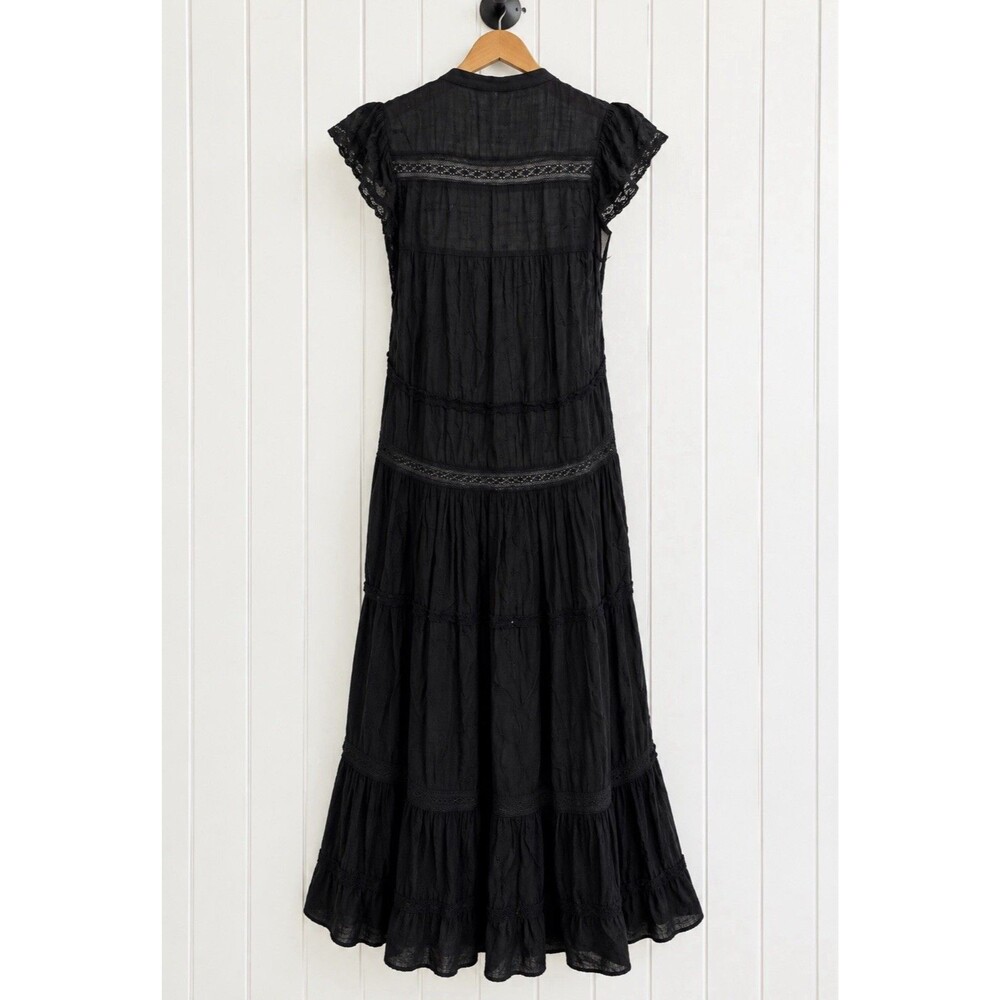 Free People Black Tiered Midi Dress S Embroidered Lace Flutter Sleeve Boho - Picture 6 of 6